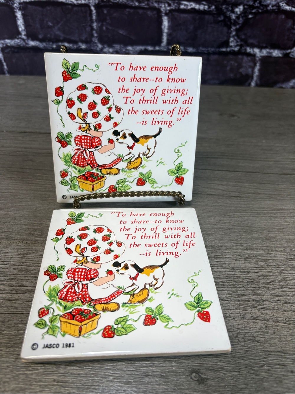 Vintage 1981 Strawberry Shortcake Ceramic Art Tile Trivet Set
